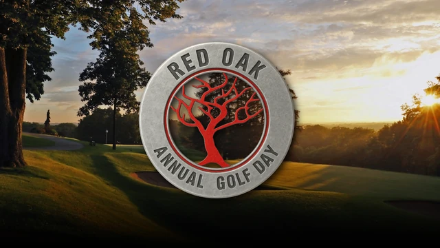 Red Oak Annual Golf Day badge over a sunrise view of the course.