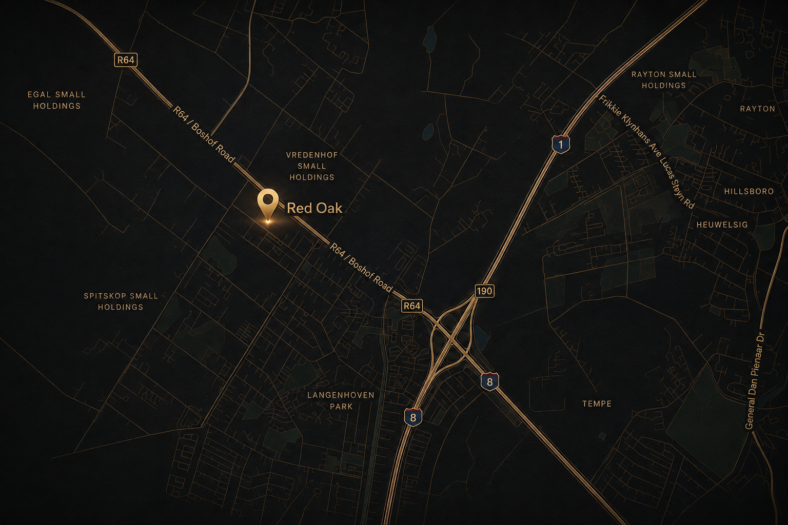 Map showing Red Oak near Langenhoven Park, Bloemfontein.