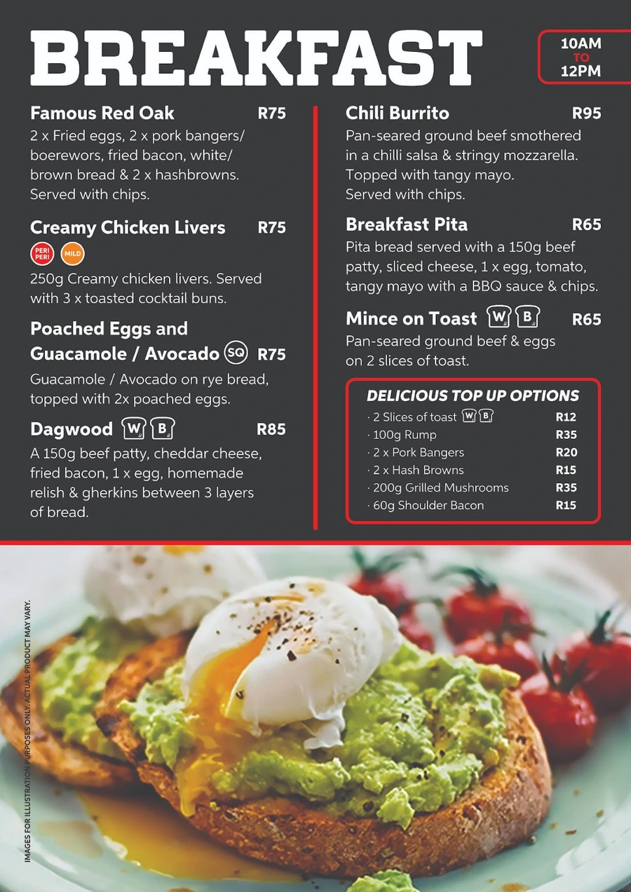 Red Oak breakfast menu page, served 10am to 12pm.