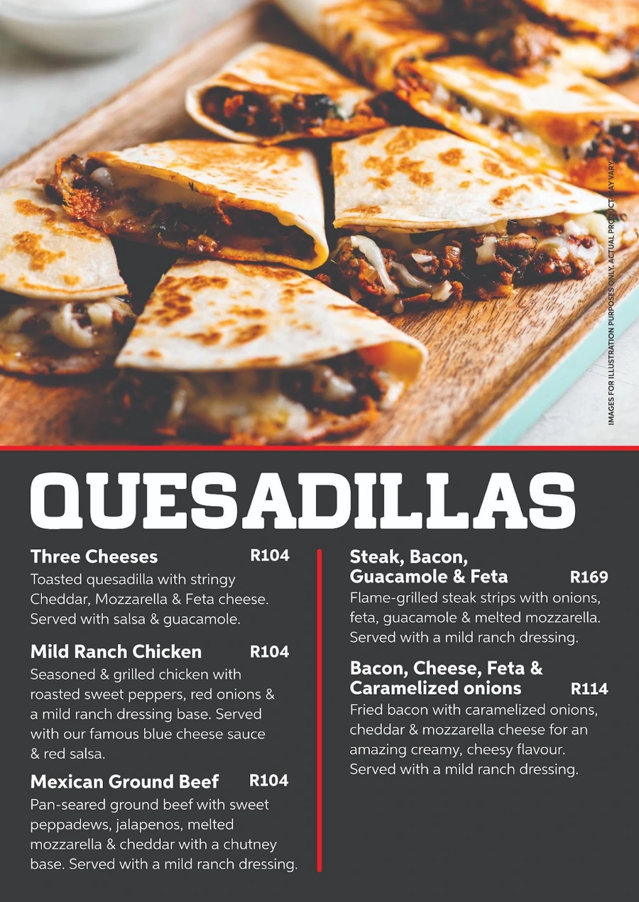 Red Oak quesadillas menu page.