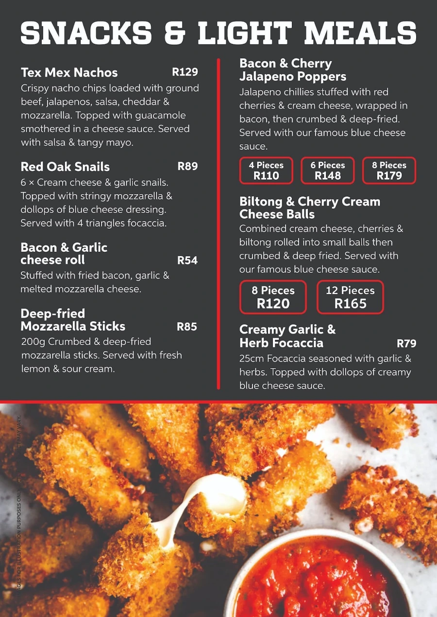 Red Oak snacks and light meals menu page.