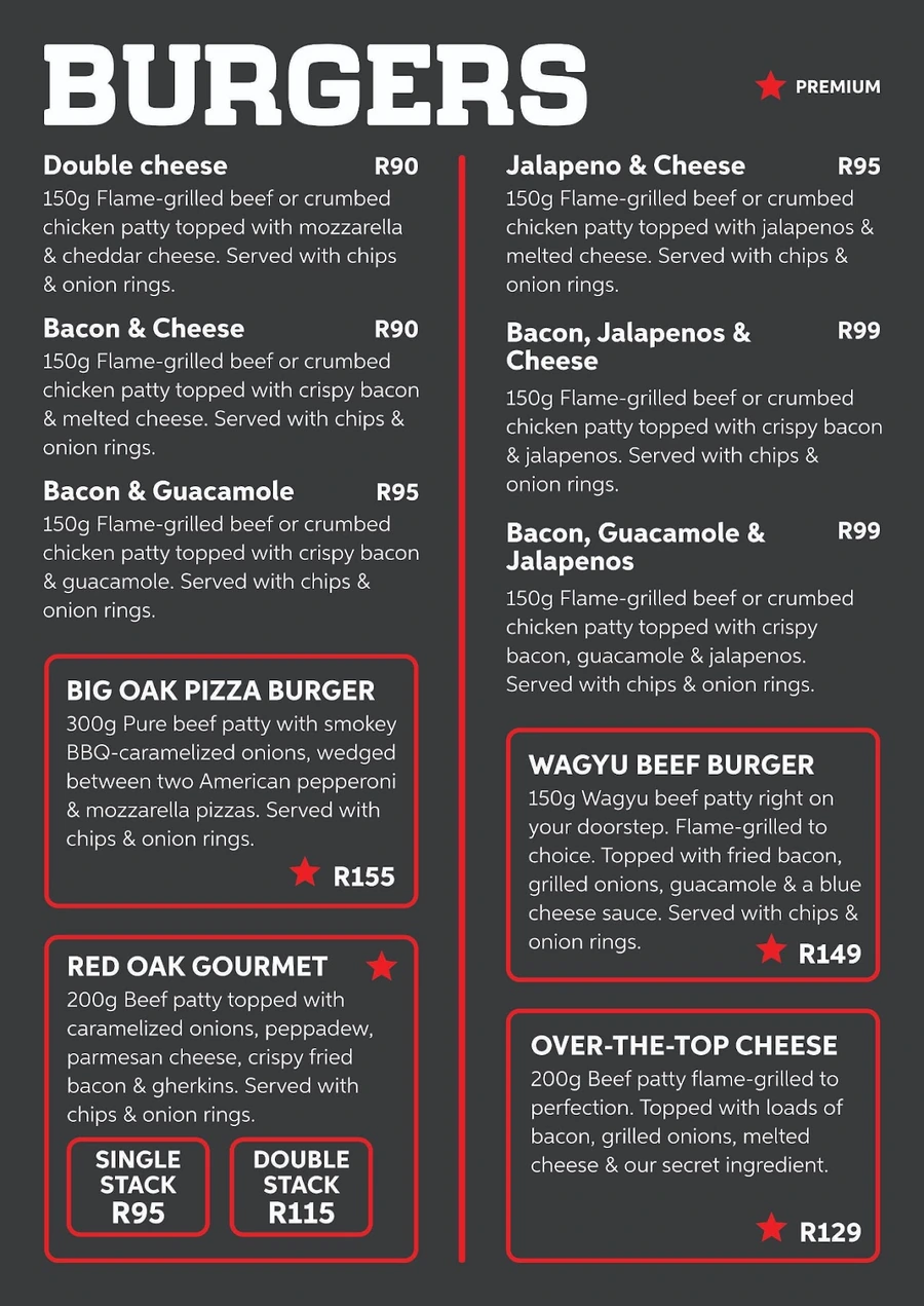 Red Oak burgers menu page.