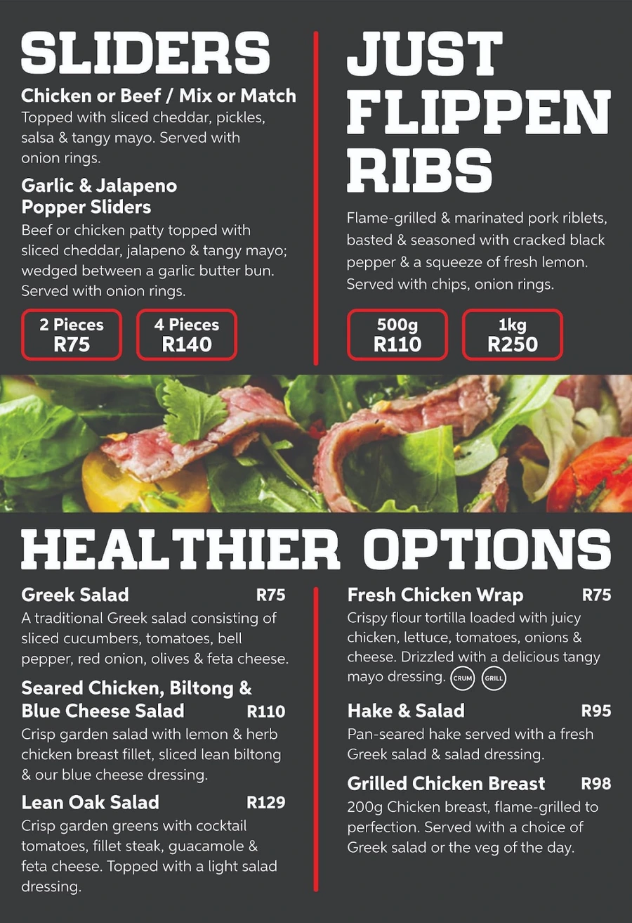 Red Oak menu page — sliders, Just Flippen Ribs and healthier options.