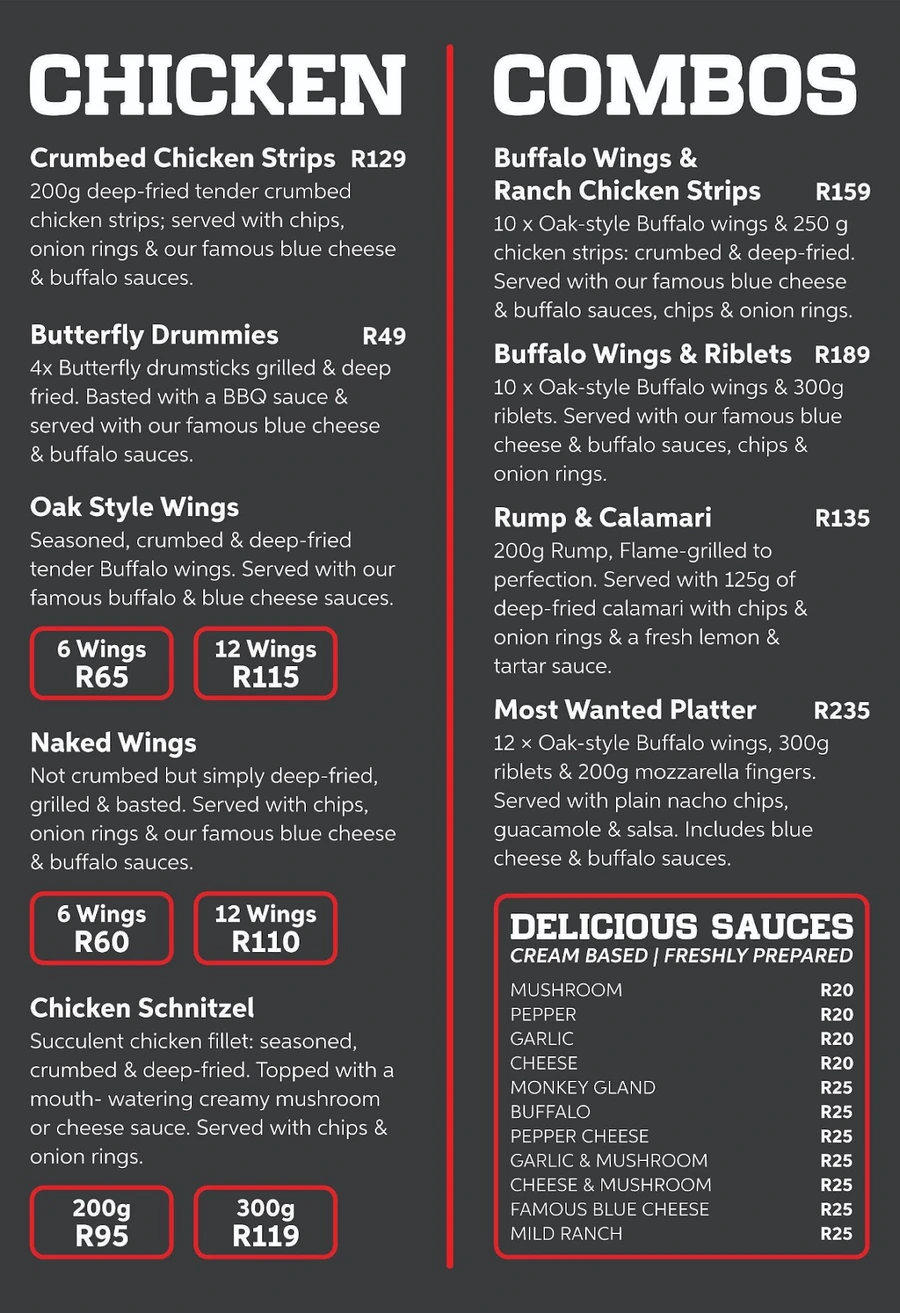 Red Oak menu page — chicken, combos and sauces.