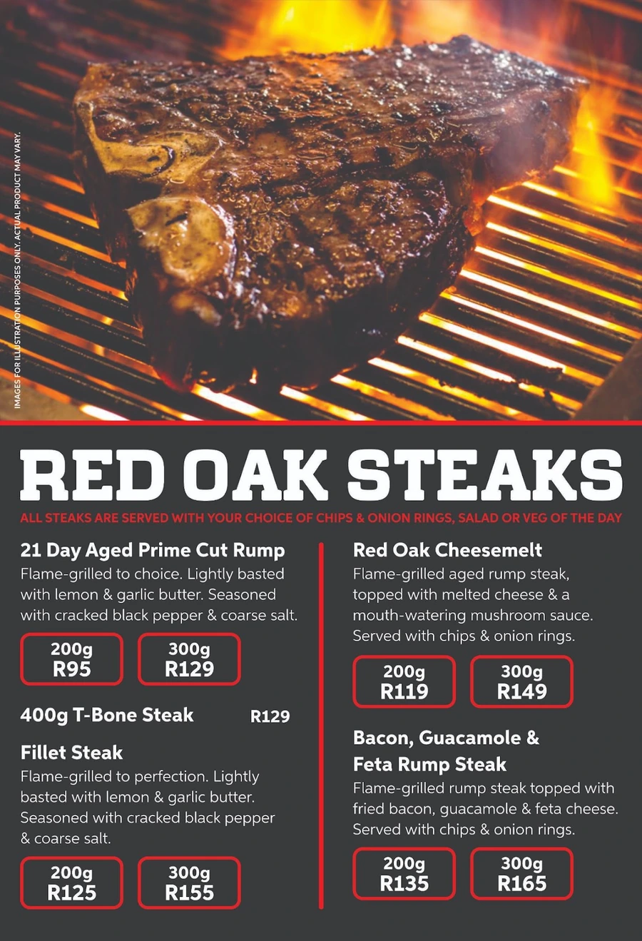 Red Oak steaks menu page.