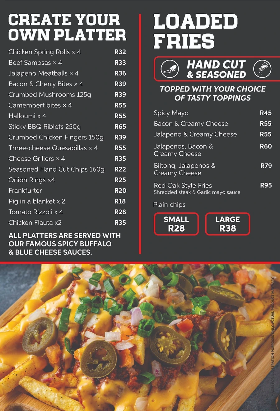 Red Oak menu page — create your own platter and loaded fries.