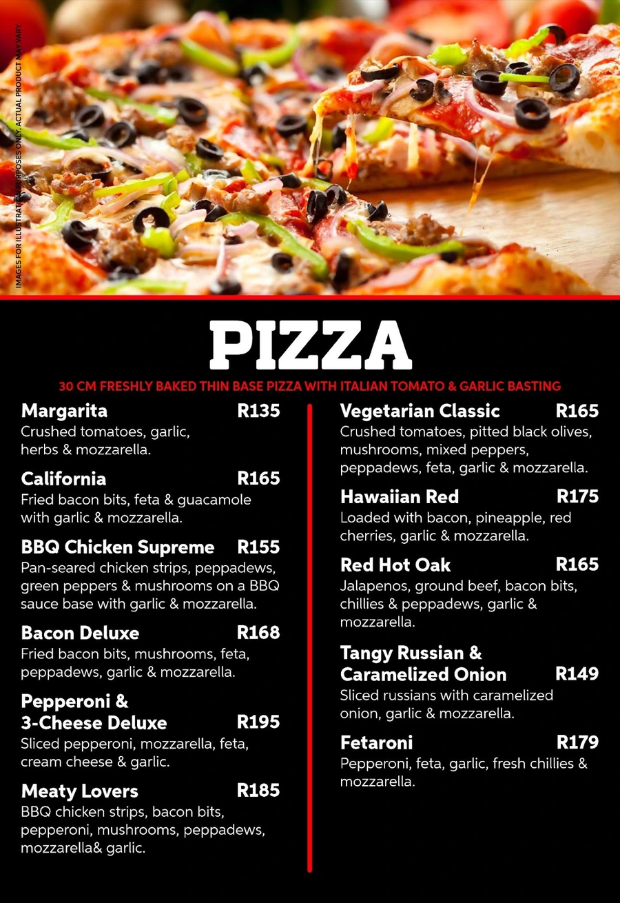 Red Oak pizza menu page.