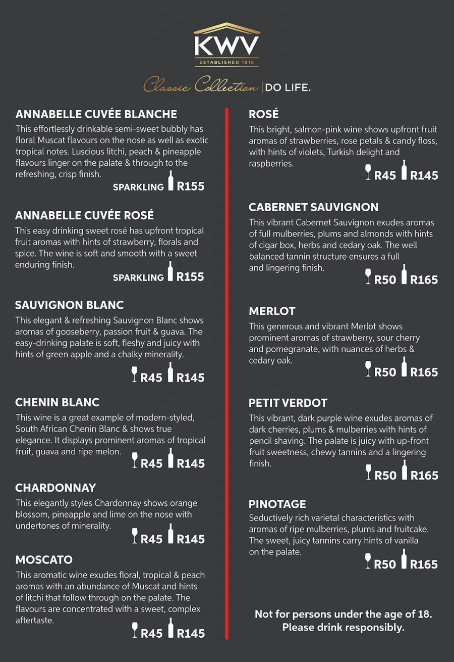 Red Oak wine list — KWV Classic Collection.